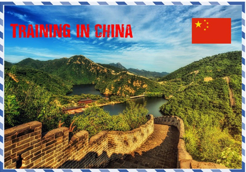 Back of Training in China postcard-Great wall-River-Mountains-Greenery-Cloudy blue sky